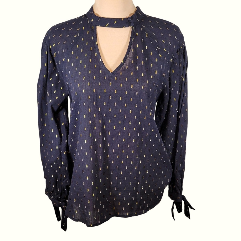 Karlie Black Gold Metallic Choker Neck Balloon Sleeve Blouse S Evening Romantic